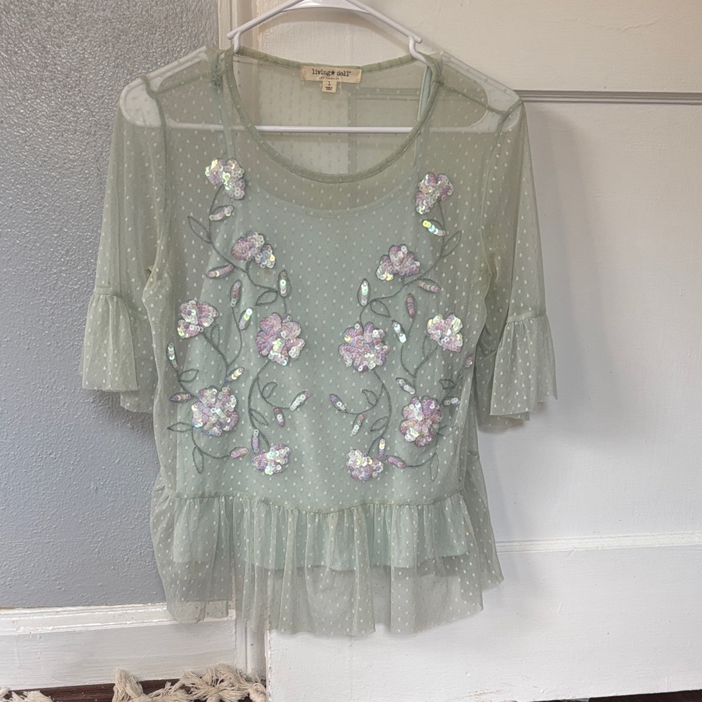 Living Doll Junior Green Sequin Top